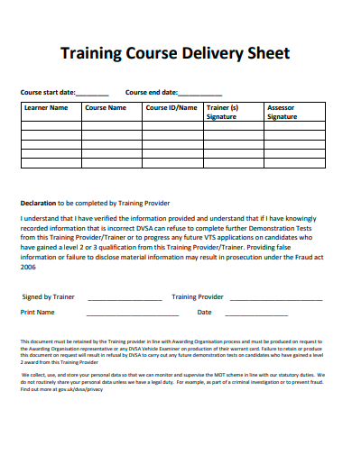 training course delivery sheet template