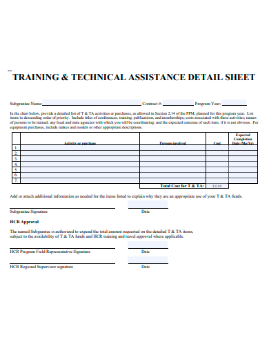training and technical assistance sheet template