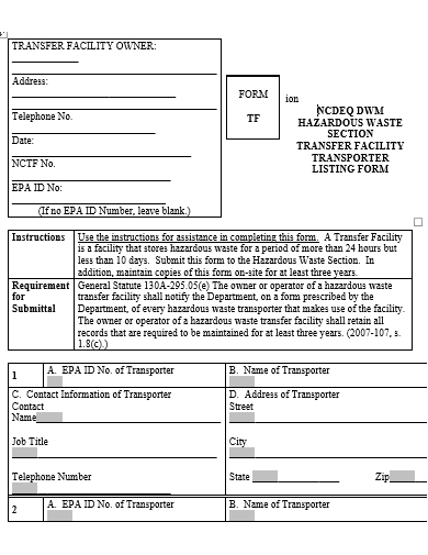 transfer facility transporter listing form template