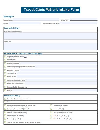 travel clinic patient intake form template
