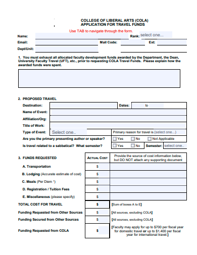 travel funds application template