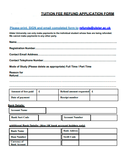 tuition fee refund application form template