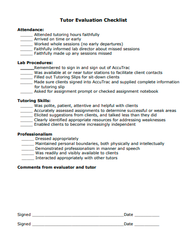 tutor evaluation checklist template