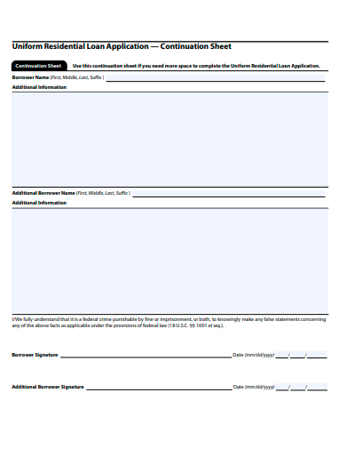 uniform residential loan application continuation sheet template