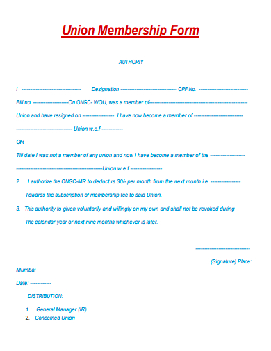 union membership form template