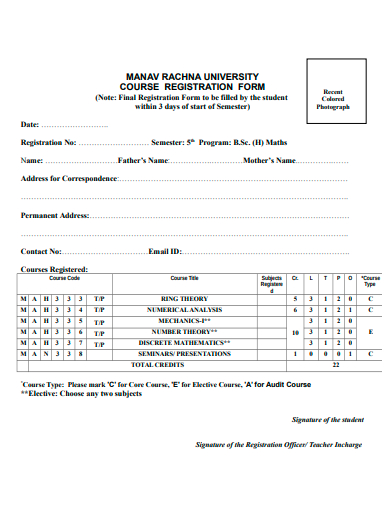 university course registration form template