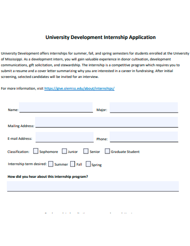 university development internship application template