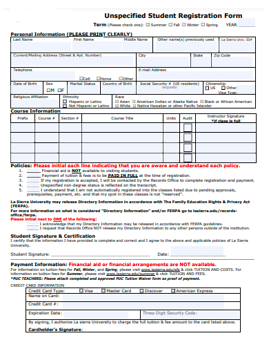 unspecified student registration form template