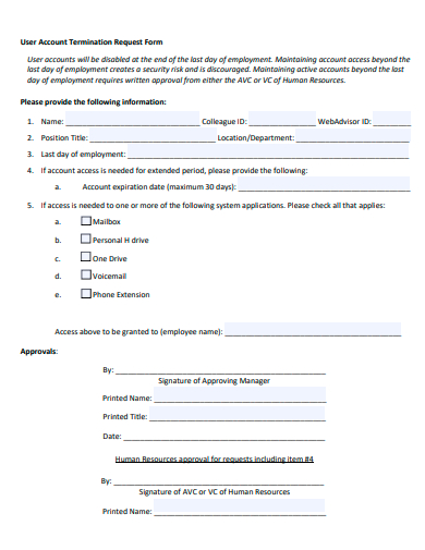 user account termination request form template