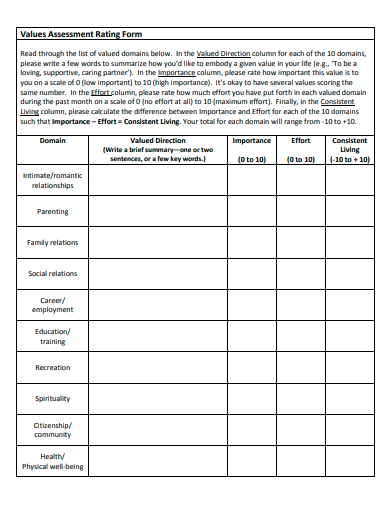values assessment rating form template