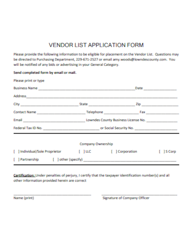 vendor list application form