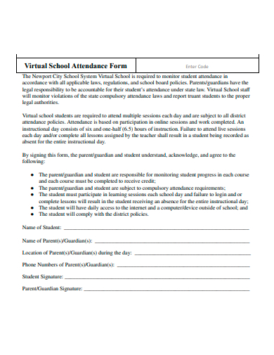 virtual school attendance form template