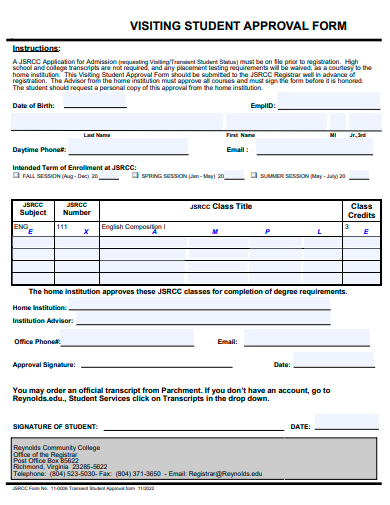 visiting student approval form template