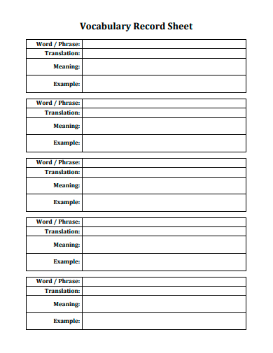 vocabulary record sheet template