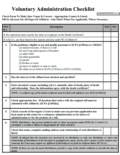 voluntary administration checklist template