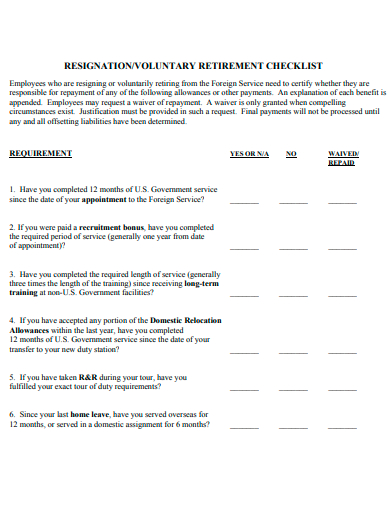 voluntary retirement checklist template