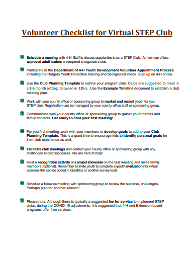 volunteer checklist for virtual club template