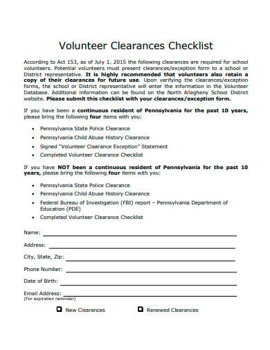 volunteer clearances checklist template