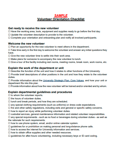 volunteer orientation checklist template