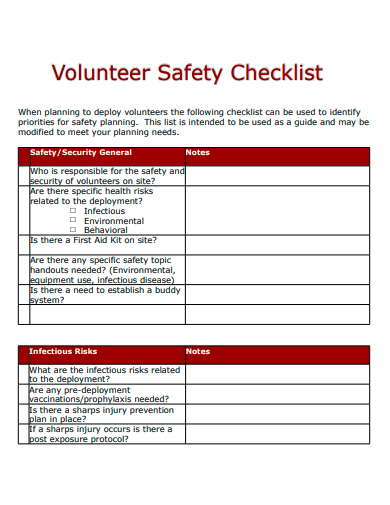 volunteer safety checklist template