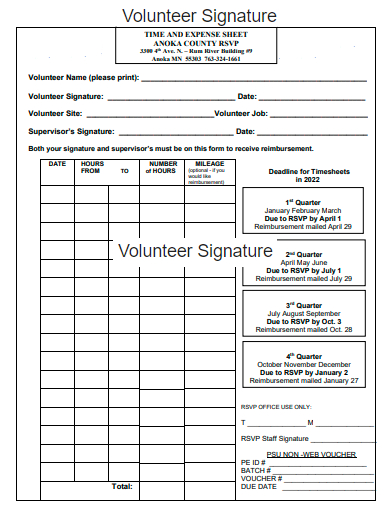 volunteer signature time and expense sheet template