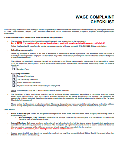 wage complaint checklist template