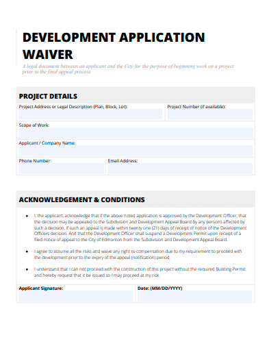 waiver development application template