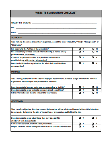 website evaluation checklist template