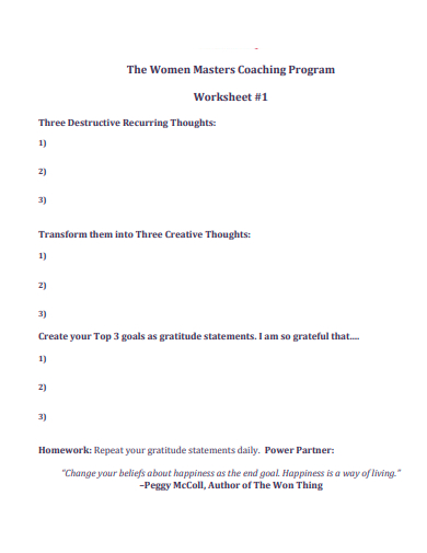 women masters coaching program worksheet template