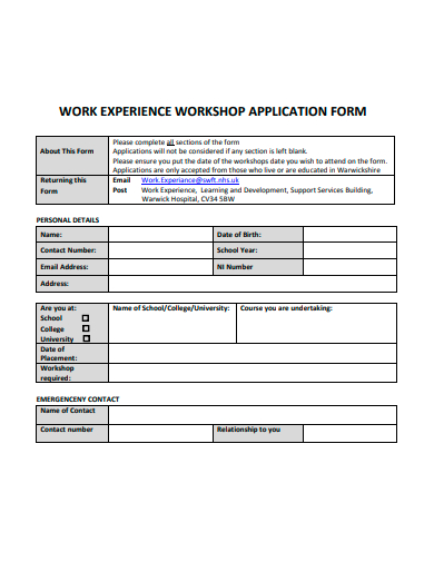 work experience workshop application form template