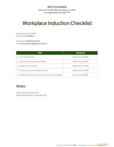workplace induction checklist template