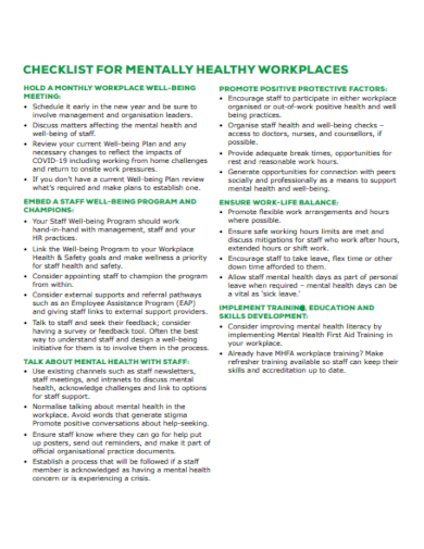 workplace mental health checklist