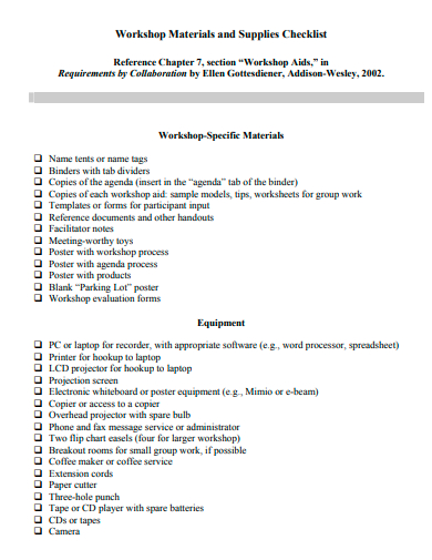 workshop material and supplies checklist template