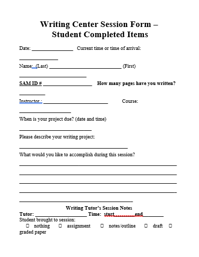 writing center session form template