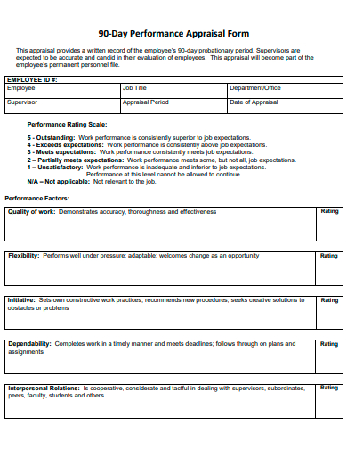 90 day performance appraisal form template