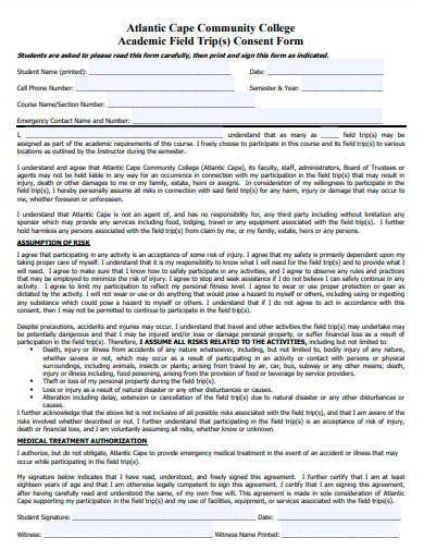 academic field trip consent form template