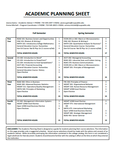 academic planning sheet template