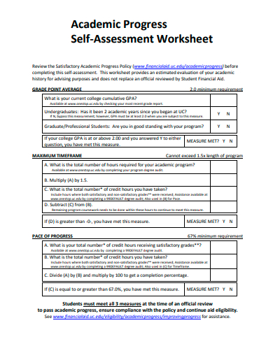 academic progress self assessment worksheet template