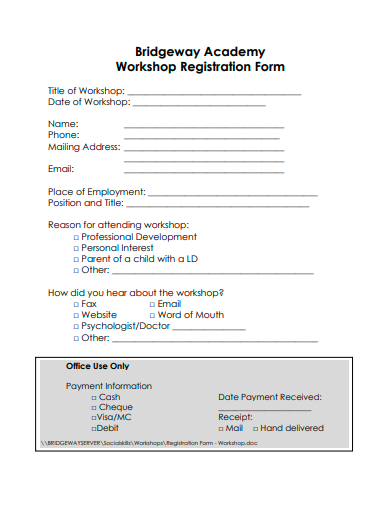 academy workshop registration form template