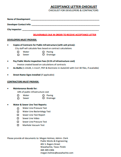acceptance letter checklist template