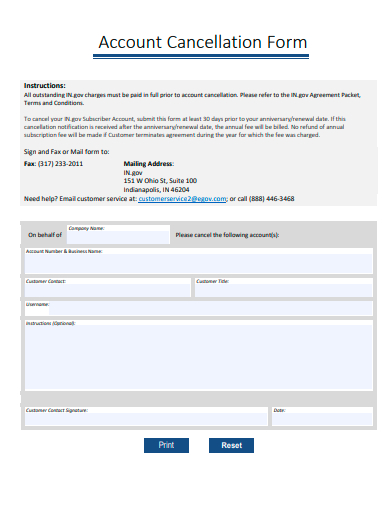 account cancellation form template