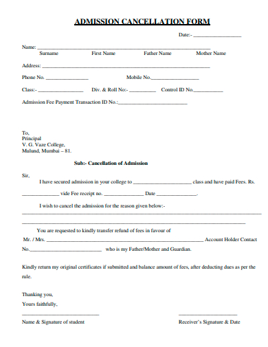 admission cancellation form template