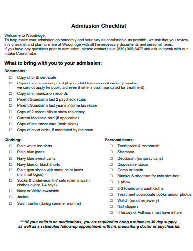 admission checklist in pdf