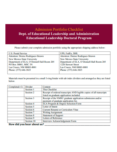 admission portfolio checklist template