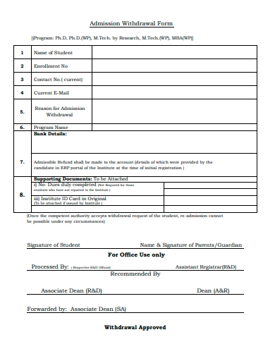 admission withdrawal form template