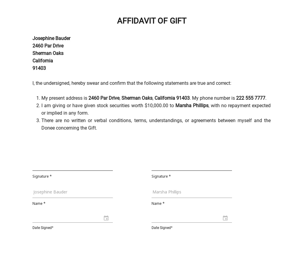 affidavit of gift template