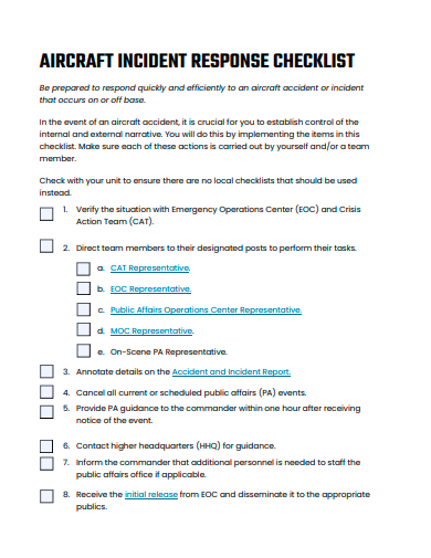 aircraft incident response checklist template