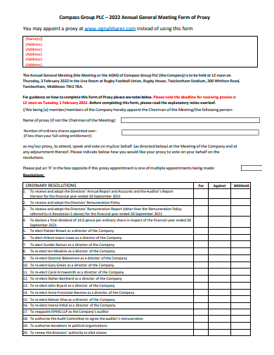 annual general meeting form of proxy template