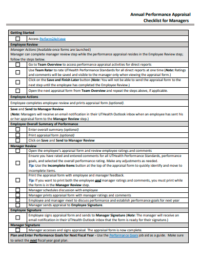 annual performance appraisal checklist for managers template