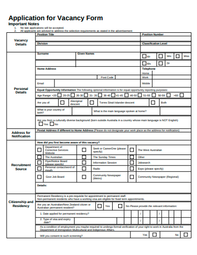 application for vacancy form template